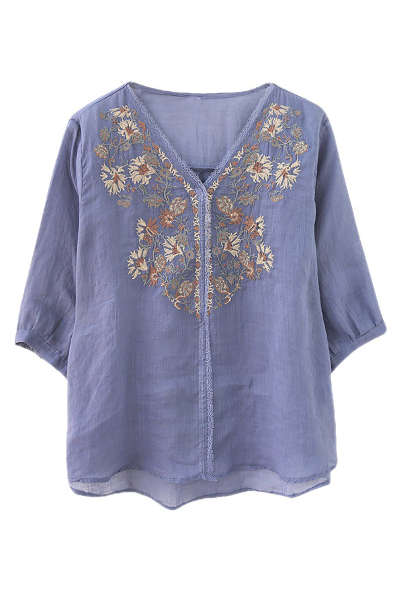 V Neck Floral Embroidery Three Quarter Sleeve Linen Top