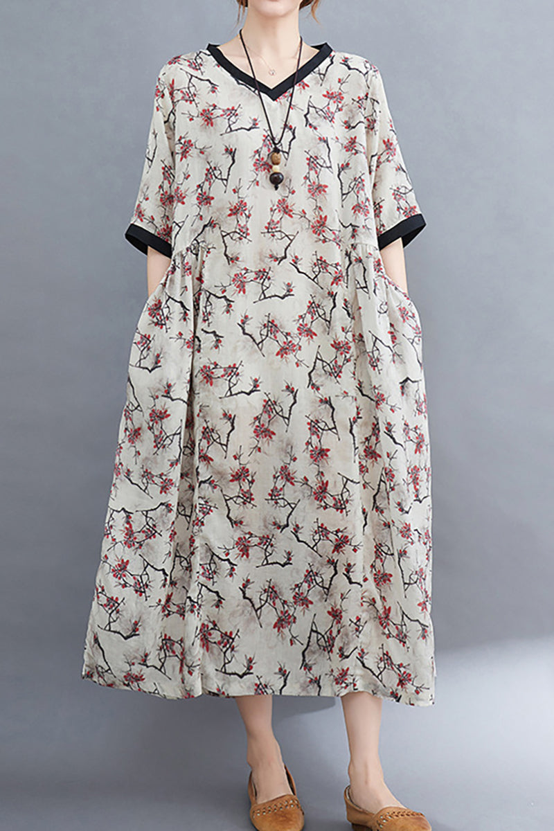 Half Sleeve V Neck Floral Print Linen Midi Dress