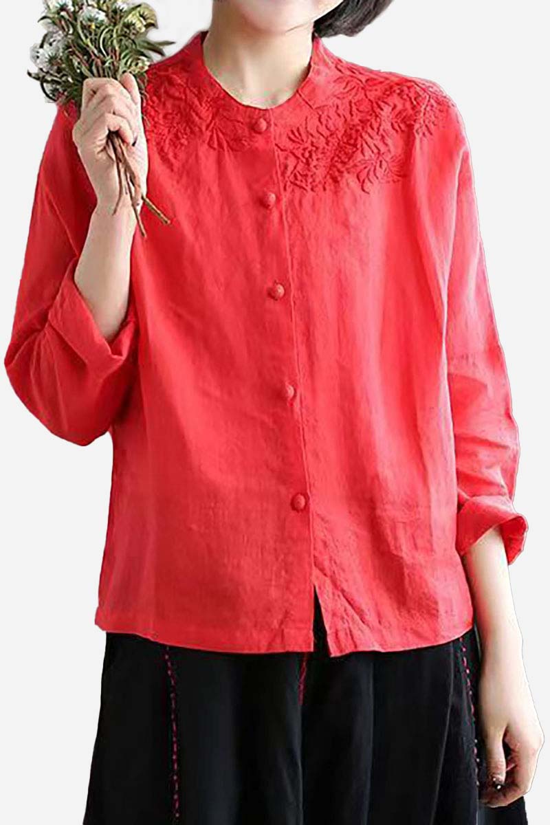 Linen Floral Embroidery Round Neck Long Sleeve Button Up Casual Blouse