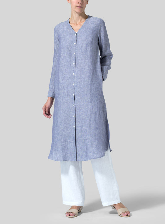 Womens Quality Cotton Linen V-Neck Long Shirt