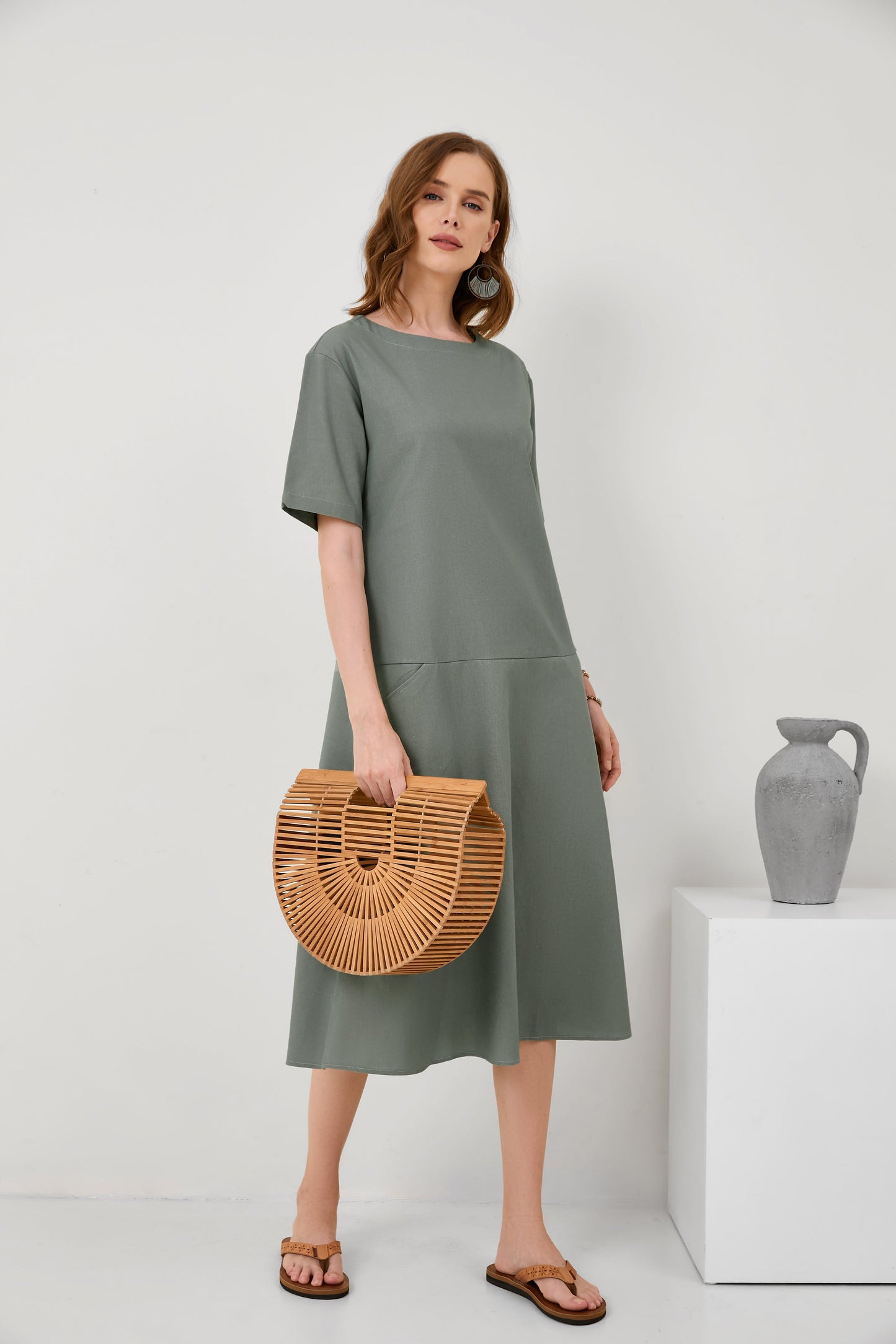 Round Neck A-Line Loose Two Pocket Short Sleeve Mid Sleeve Cotton Linen Dress