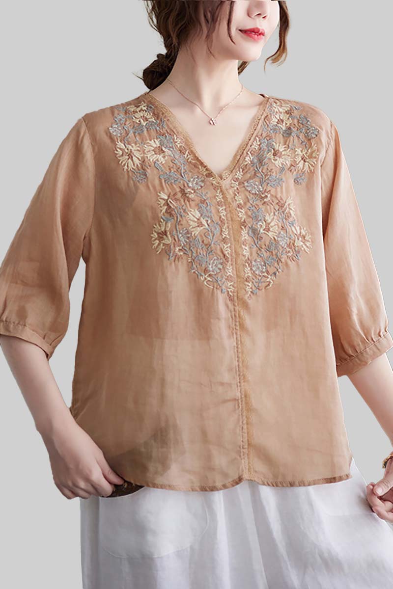 V Neck Floral Embroidery Three Quarter Sleeve Linen Top