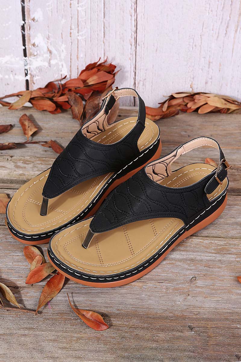 PU Leather Round Toe Buckle Flip Flops Sandals