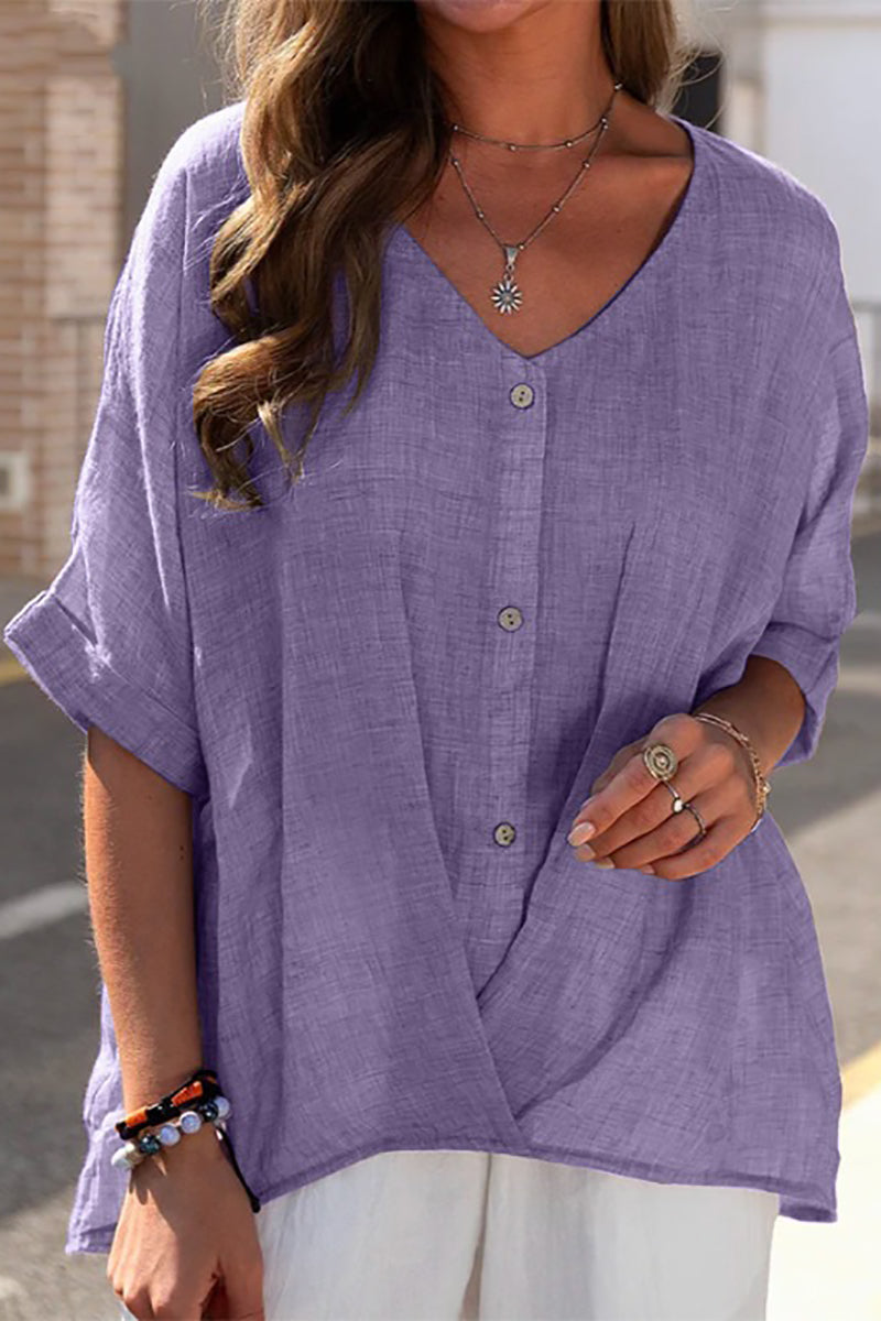 Half Rolled Sleeve Button Up V Neck Pleated Casual Linen Top
