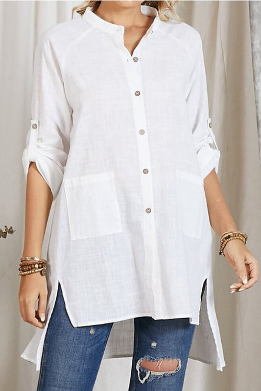 Asymmetric Linen Button Down Long Sleeve Shirt
