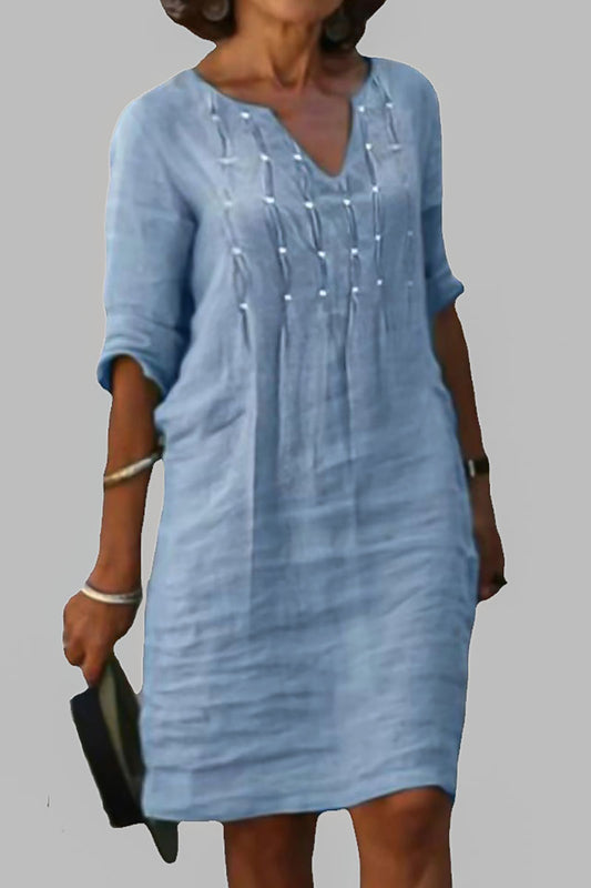 Bead Trim V Neck Half Sleeve Linen Casual Midi Dress