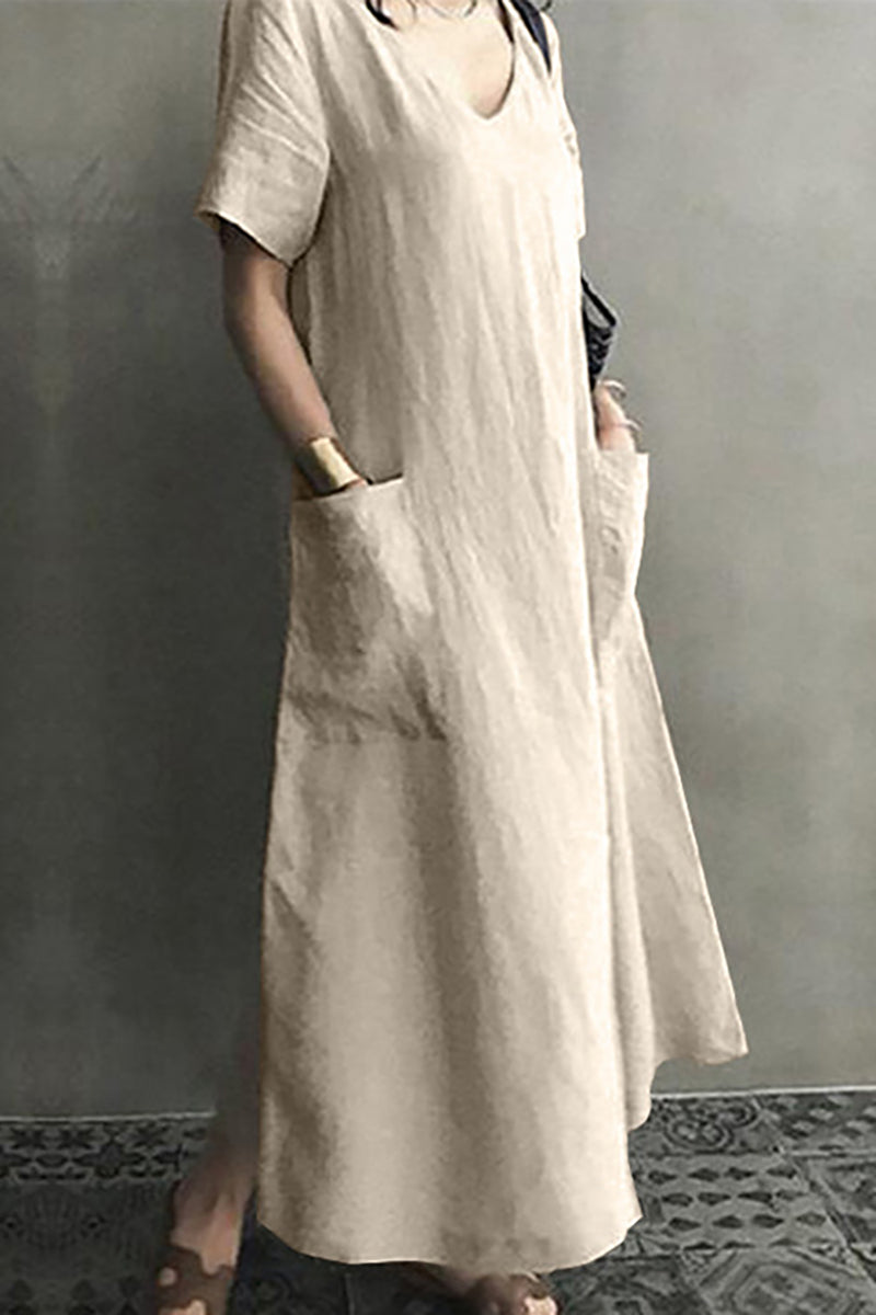 V Neck Short Sleeve Pocket Linen Casual Midi Dress
