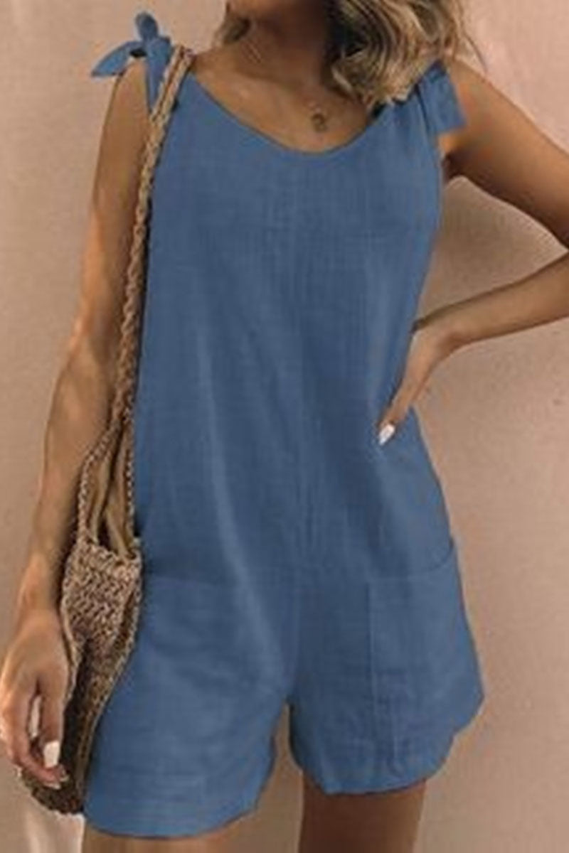 Tied Straps Sleeveless Pocket Casual Linen Rompers