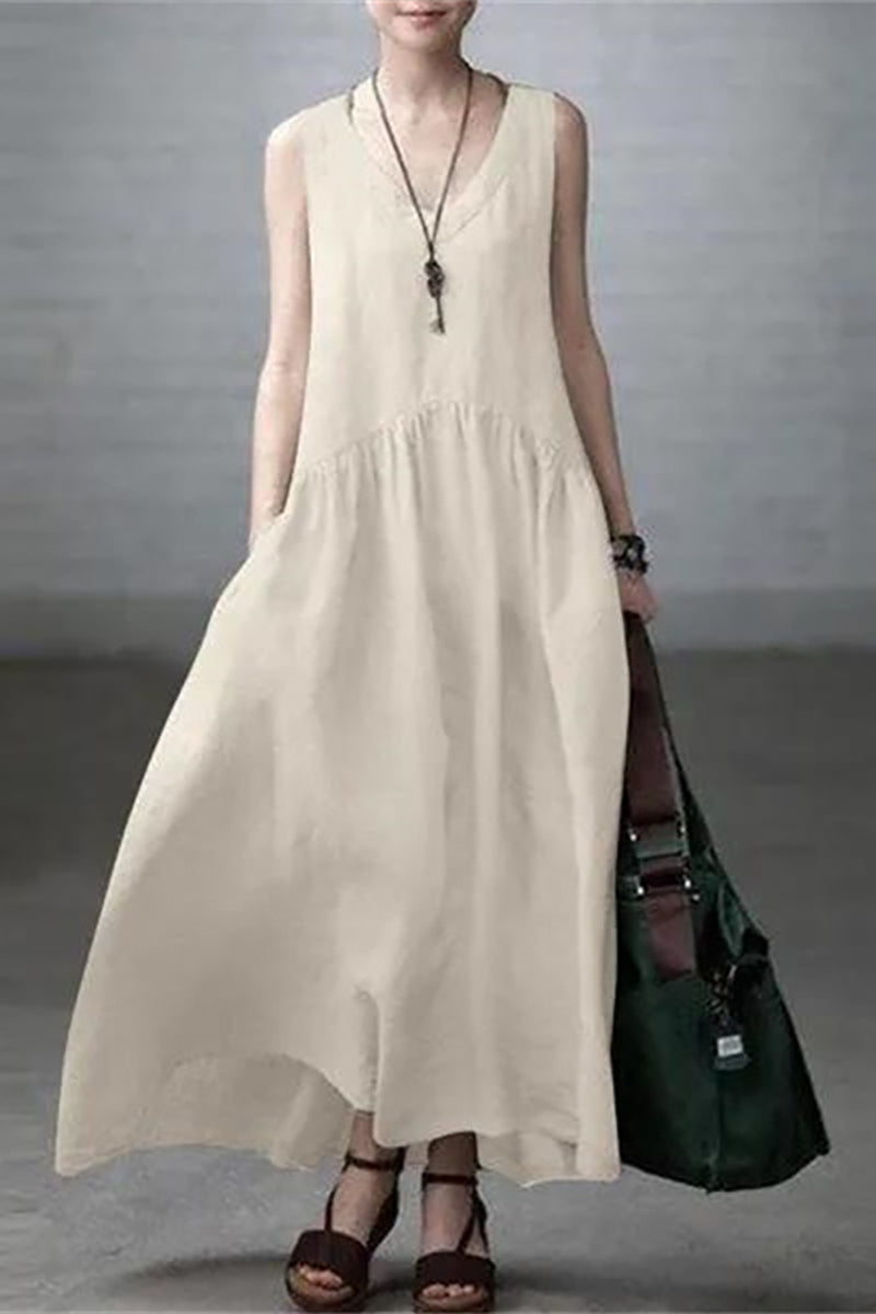 Deep V Neck Sleeveless Pleated Linen Maxi Dress